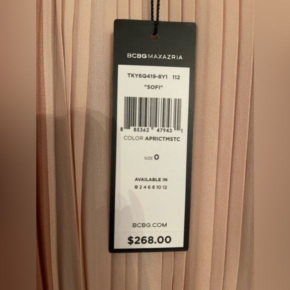 NWT! Brand New BCBGMAXAZRIA Sofi Pleated Dress Size 0. Color: Aprictmstc - Picture 7 of 12